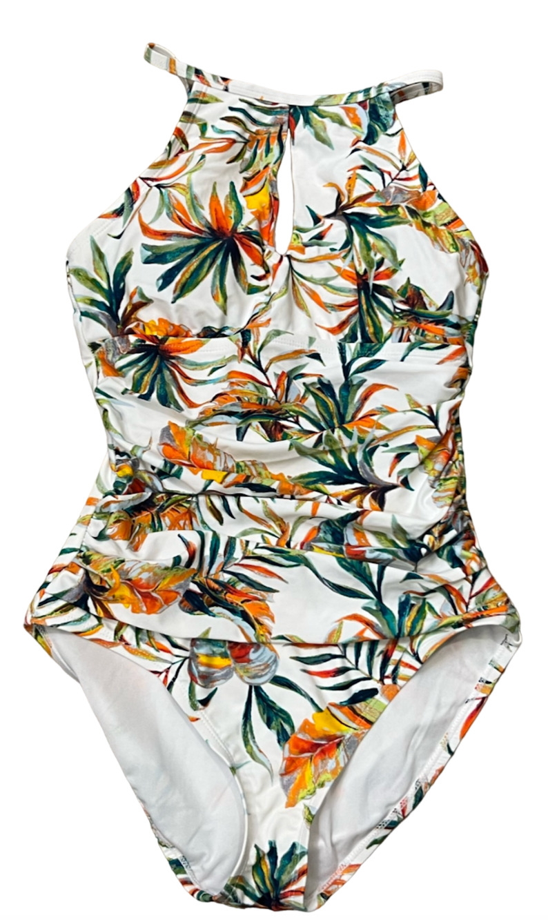 NEW ELLEN TRACY TROPICAL PALM HIGH NECK KEYHOLE CUTOUT ONE PIECE SWIMSUIT SZ 8